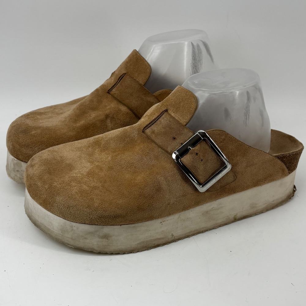Madden Girl Womens Tan Suede Platform Mules Buckle Clogs Tan Brown
